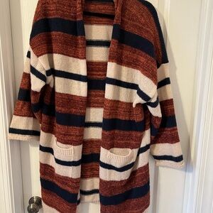 Knox Rose Striped Open-Front Cardigan in Rust, Navy & Cream